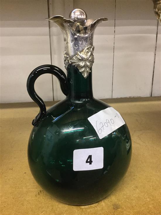 Victorian silver mounted dark green glass decanter flagon